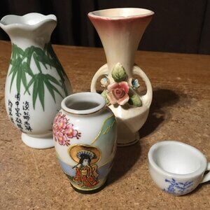 LOT OF 4 HAND PAINTED VASE JAPAN PANDA GARDEN BAMBOO PORCELAIN TEA CUP ROSE BUD